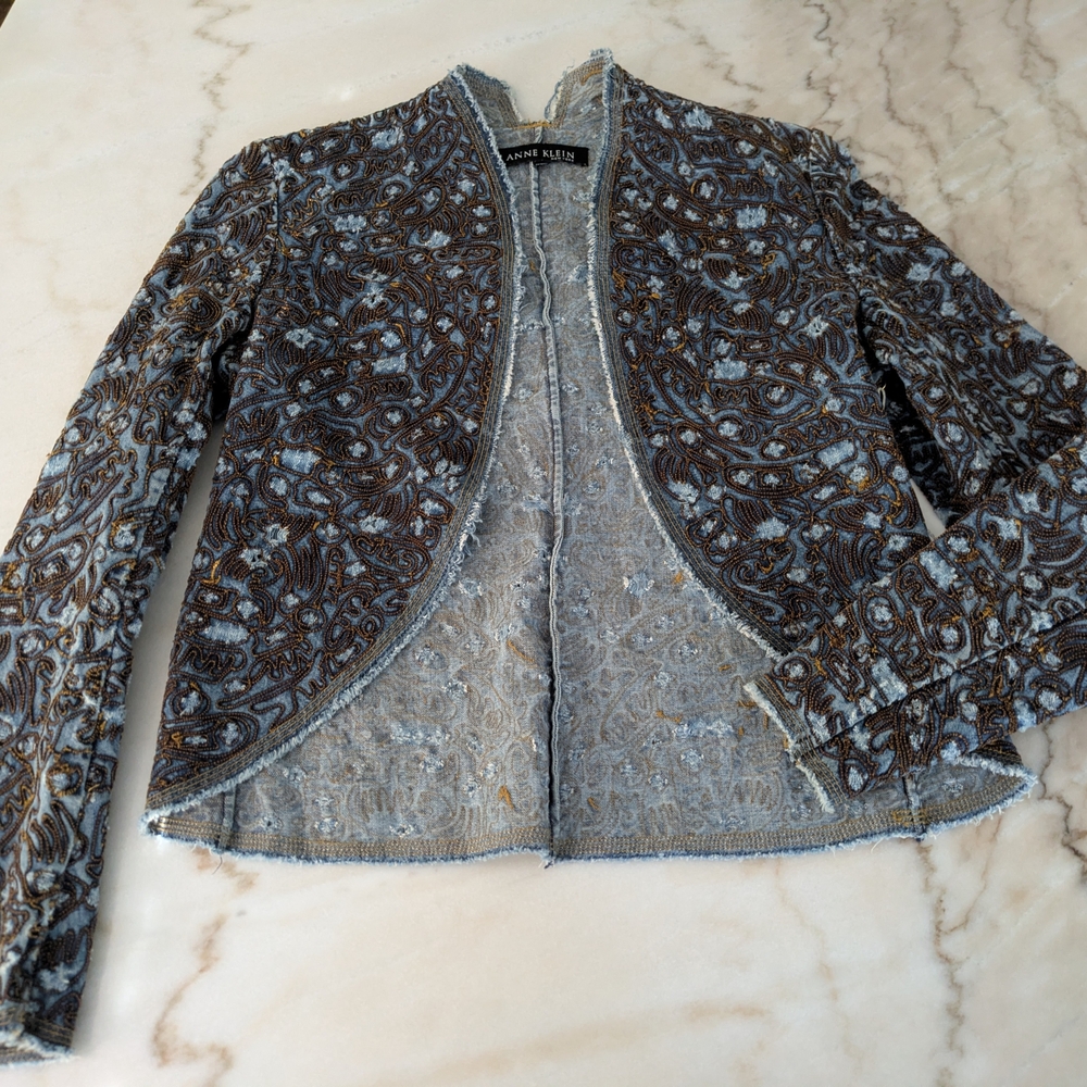 Anne Klein Blue and Brown Embroidered Blazer